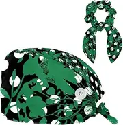 [FVQL] 1 Pack Surgical Hats for Women, Scrub Cap with Hair Scrunchy, Polka Dot Flower Floral Butterfly Pattern