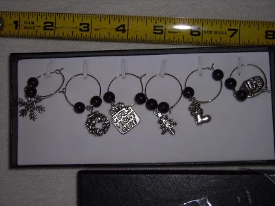 Art Wine Glass Charms Christmas Theme 6 Pcs Set in Black Gift Box NEW
