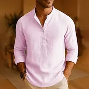 Men's Shirt Linen Shirt Popover Shirt Casual Shirt Cotton Shirt Plain Vacation Hawaiian Dark Pink Black White Khaki Long Sleeve Band Collar Spring Fall Clothin