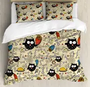 Sketch Duvet Cover Set with Pillow Shams Hungry Owls Eating Print