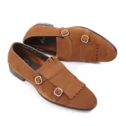 Santoni Fatte a Mano Brown Suede Double-Buckle Kiltie Loafer US 10.5 Shoes