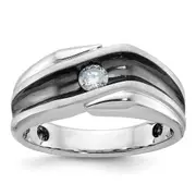 14k White Gold with Black Rhodium 1/5 Ct. Lab Grown Diamond VS/SI+ G+ Polished Satin and Grooved Men's Ring