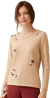 [ZHILI] Women's Knit Floral Pattern Crewneck 100% Cashmere Jumper Sweater
