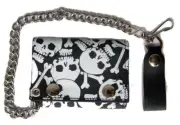 GENUINE LEATHER WHITE SKULLS X BONES TRI-FOLD MEN WALLET W SNAP ON CHAIN GI617