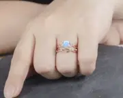Natural Round Moonstone 14K Rose Gold Plated On Silver Art Deco Wedding Ring Set