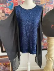 Bob Mackie's Blue Sequin Top with Black Chiffon Side Panels M New Poncho
