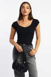 Black Seamless Top Short Sleeve Picot Trim Rib - Size 14L, Women's T-shirt