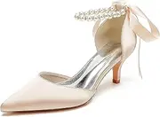 [Minishion] Womens Elegant Wedding Heels Pointed Toe Ankle Chain Evening Formal Pumps with Ribbon BR106, Br280 Champagne 6cm Heel, 11