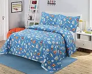 Kids Zone Collection Space Theme Kids/Teens Quilt Bedding Set, Rocket Ships and Astronauts Pattern, Blue Twin New # Rocket