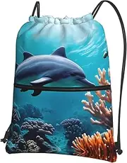 EdWal Beautiful Underwater World Dolphins Coral Print Drawstring Backpack Gym Bags Sports Bags With Zipper Pocket For Travel Beach, Black, One Size
