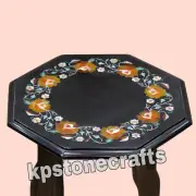 Octagonal Black Marble Bedside Table Inlaid with Semi Precious Stones | Handmade