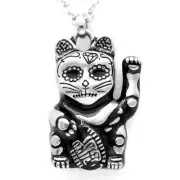 Cat Necklace Day of the Dead Maneki-Neko Pendant Stainless Steel By Controse