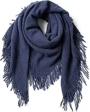 [YUONNY] Women Cashmere Square Scarf Shawl with Fringe, 100% Cashmere Large Tassel Wrap Scarves in Autumn Winter, Fashion Soft Warm Blanket Shawl Neck Warmer Scarf Cape Solid Colour, Ladies Gift Blue F