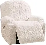 4 Pieces Oversized Recliner Chair Covers, Geometric Jacquard Plush Recliner Slipcovers, Couch Sofa Covers, Soft Fuzzy Fluffy Anti-Slip Furniture Protector for Cats Dogs Elastic Bottom (Cream,1 Seat)