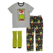 NWT The Grinch Mens Pajamas Set Size LARGE 3pc Shirt Pants Socks Dr. Seuss GIFT