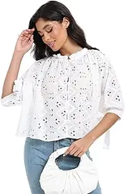 [SUNNOW] Women's Embroidered White Blouse Elegant Ruffled Collar Button Down Shirt Half Sleeve Casual Top