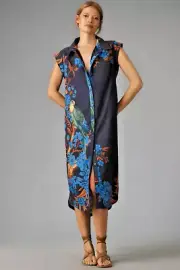New Anthropologie The Lillian Cap-Sleeve Button-Front Midi Dress by Maeve Navy L