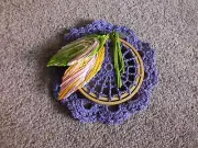 Beautiful Handmade Wall Hanging Purple Green Leaf Feather Accents 5" One of Kind