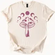 Boho Mushroom Shirt with Moon Phases Psychedelic Nature Graphic Tee