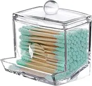 Tbestmax Cotton Swab Cotton Pads Holder, Qtip Cotton Buds Ball Dispenser, Square Bathroom Jar Clear Organizer for Storage Easy Take 1 Pcs