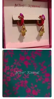 BETSEY JOHNSON HAMSA HAND ENAMEL FUCHSIA GEMMED HOOP EARRINGS