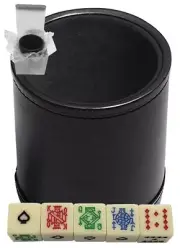 16mm Poker Dice Ivory Tone Spades Ace + PU Leather Black Felt Lined Cup Boxed