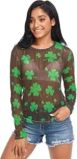 [RPLIFE] St. Patrick's Day Long Sleeve Fishnet Top, Sheer See Through Tops for Women S-XXL