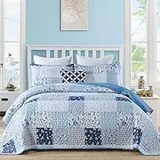 Menghomeus Blue Quilt Set King Boho Patchwork Bedspread Floral Coverlet Reversible Bed Quilt Set All Season Soft Microfiber Bedding Farmhouse Bed Sets, 104"x90"