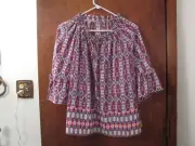New Valerie Stevens Peasant Blouse Red White Blue Geometric Design Size L W/Tag