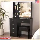 Black Vanity Set Dressing Table w/ LED Slide Mirror Makeup Vanity Desk Stool Set