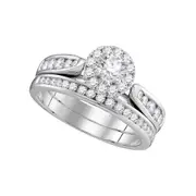 14k White Gold Diamond Round Halo Bridal Wedding Ring Set 1 Cttw (Certified)