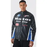 Mens Oversized Mesh Panel PU Moto Jacket In Black