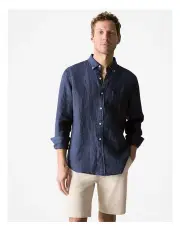 [Trenery] Regular Fit Delave Linen Long Sleeve Shirt in French Navy