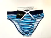 Andrew Christian Size L Striped Mesh Swim Bikini Brief - Blue/Navy/Aqua/White