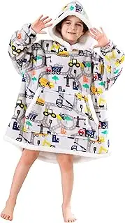 softan Wearable Blanket Hoodie for Kids, Super Warm and Soft Sherpa Flannel Sweatshirt Blanket with Giant Pocket, Hooded Blanket for 6-10 Year Old Boys Gifts, Construction Truck