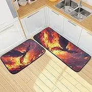 XYMZR Kitchen Mat Fly Phoenix Fire for Floor, 2 Piece, Non Slip Washable Kitchen Rugs for Kitchen & Home Decor, Sink, Bathroom 19.7” x 27.6” + 19.7” + 47.2”