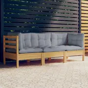 3-Seater Garden Sofa with Grey Cushions Solid Pinewood vidaXL