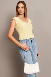 Yellow Textured Top Short Sleeve - Size XS, Women's Top