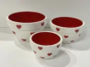 3 pc Terramoto Ceramic Red & White Valentine’s Day Heart Nesting Bowls NEW!