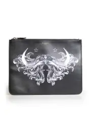 Black Leather Graphic Printed Zip Clutch