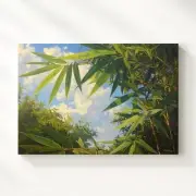 Bamboo Leaves & Sky Canvas Serene Botanical Wall Art with Soft Blue Light