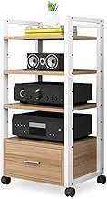 5 Layer Media Storage Cabinet with Wheels,CD Record Player Stand with Drawer,Height Adjustable,for Game Console Projector,Load Capacity 250KG(Brown1)
