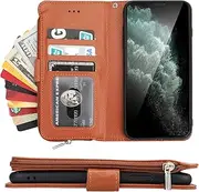 Cavor for iPhone 11 Pro Max Case,PU Leather Zip Pocket Wallet Flip Cover Case Magnetic Closure Book Design with Kickstand Feature & Card Slots Compartment for iPhone 11 Pro Max(6.5")-Brown