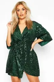 boohoo PLUS SEQUIN TWIST FRONT DRESS COLOR JADE SIZE 14