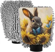 XYMZR Absorbent Microfiber Car Wash Mitt Hare Sunflower Cute, Funny Cute Anime Scratch Free for Cars Cleaning, Home Cleaning Mitts, 2 Pack, 10.24” L x 7.09” W