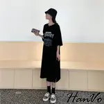 【HANVO】匈牙利布達佩斯城市經緯度長洋 韓版休閒寬鬆藏肉修身顯瘦連衣裙 舒適棉料 韓系女裝 女生衣著 3636