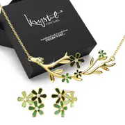 Boxed Petalia Olive Green Stud Earrings and Olive Necklace Featured SWAROVSKI® Crystals in Gold