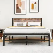 Double Metal Platform Bed Frame with Rustic Vintage Wooden Headboard, Mattress F