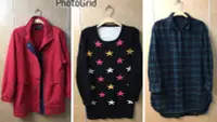 在飛比找Yahoo!奇摩拍賣優惠-二手 女生 紅色風衣外套/黑色點點星星針織毛衣/LATIV藍