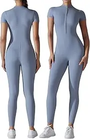 [SEAUR] Yoga Jumpsuit Women's Long Sports Jumpsuit Short Sleeve Bodycon Bodysuit 1/2 Zip Tight One-Piece Romper for Gym Fitness Jogging - S-XL